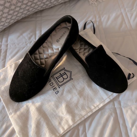 BIRDIES The Starling Black Velvet Flat Shoe Size 7 Comfort Slip On Loafers - Picture 1 of 5